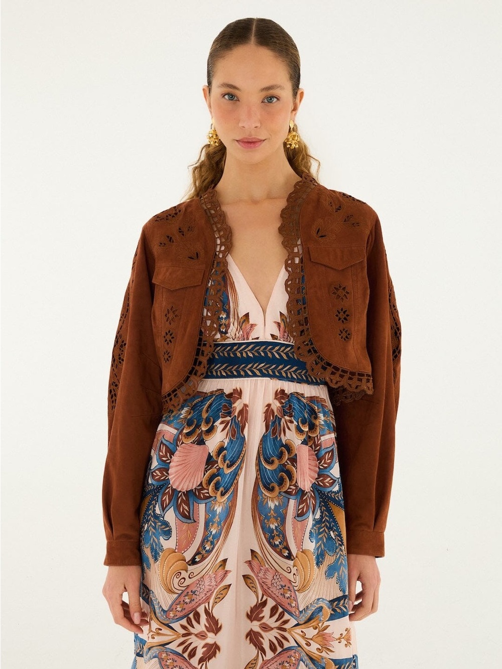 Farm Rio Caramel Richelieu Cropped Leather Jacket